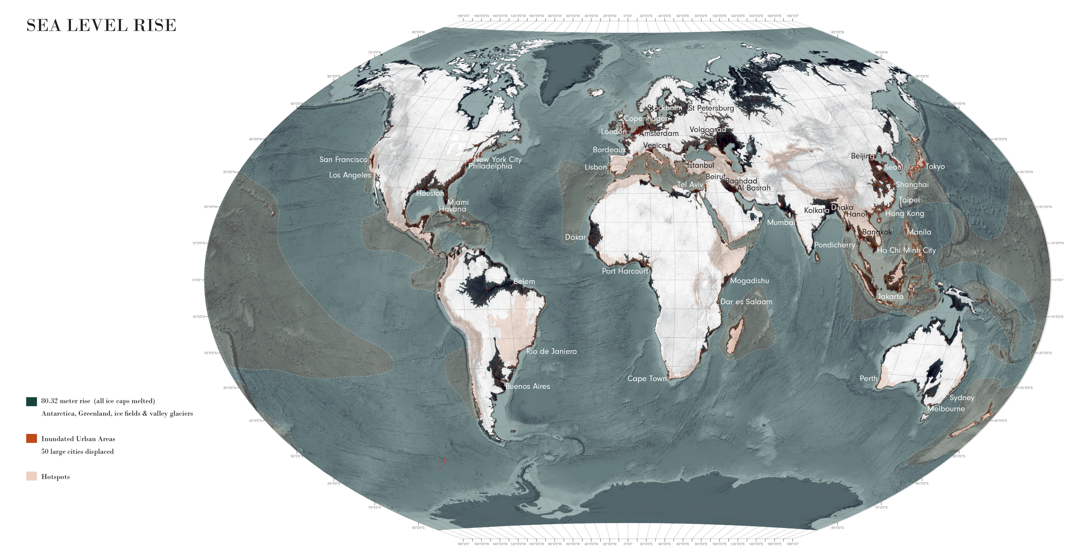 Um mapa de terra remanescente após um aumento de 80 metros no nível do mar