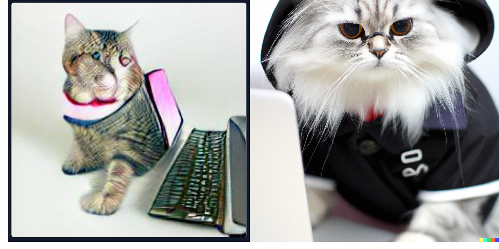 Two cats dressed as computer programmers generated by different AI software.