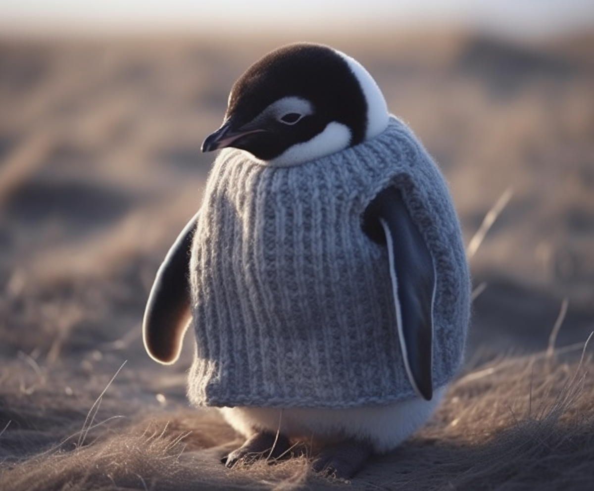 A penguin wearing a knitted sweater