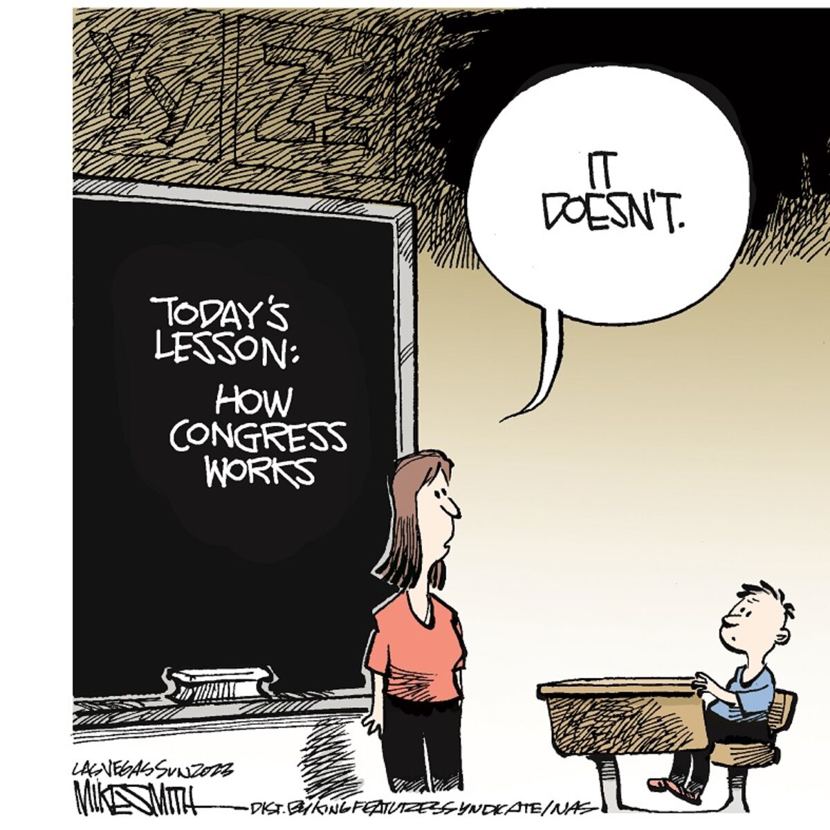 Political cartoon showing a classroom scene. A teacher stands at a blackboard that reads 'Today's lesson: How Congress works'. The teacher has a speech bubble saying 'It doesn't.' A student sits at a desk looking up at the teacher.