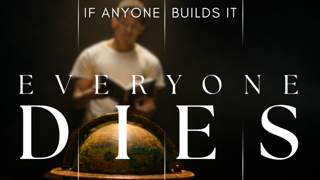 A man standing behind a globe, with the text "If anyone builds it, everyone dies" overlaid. 